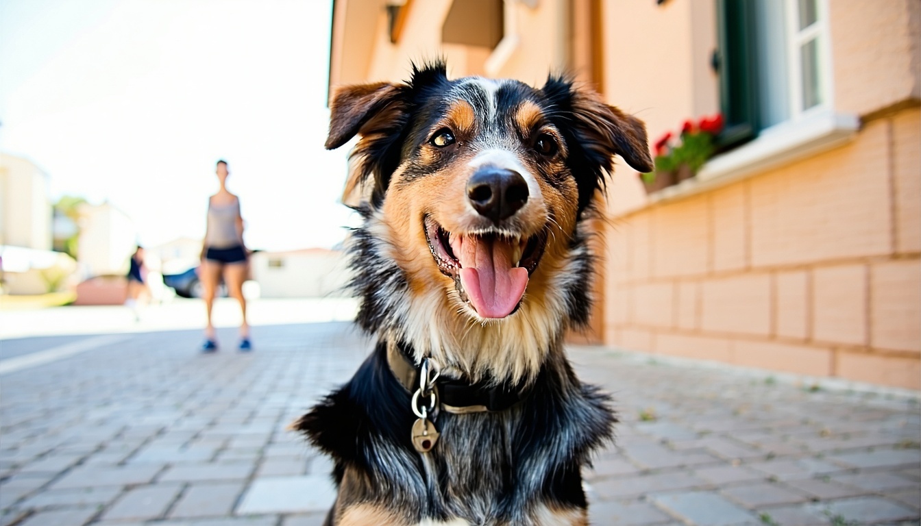 A happy dog sitting attentively in front of its ow