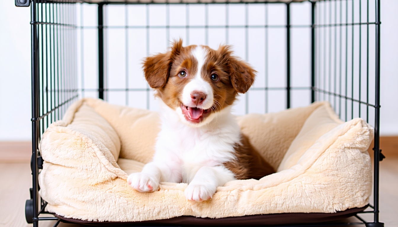 A happy puppy sitting comfortably in a cozy crate,