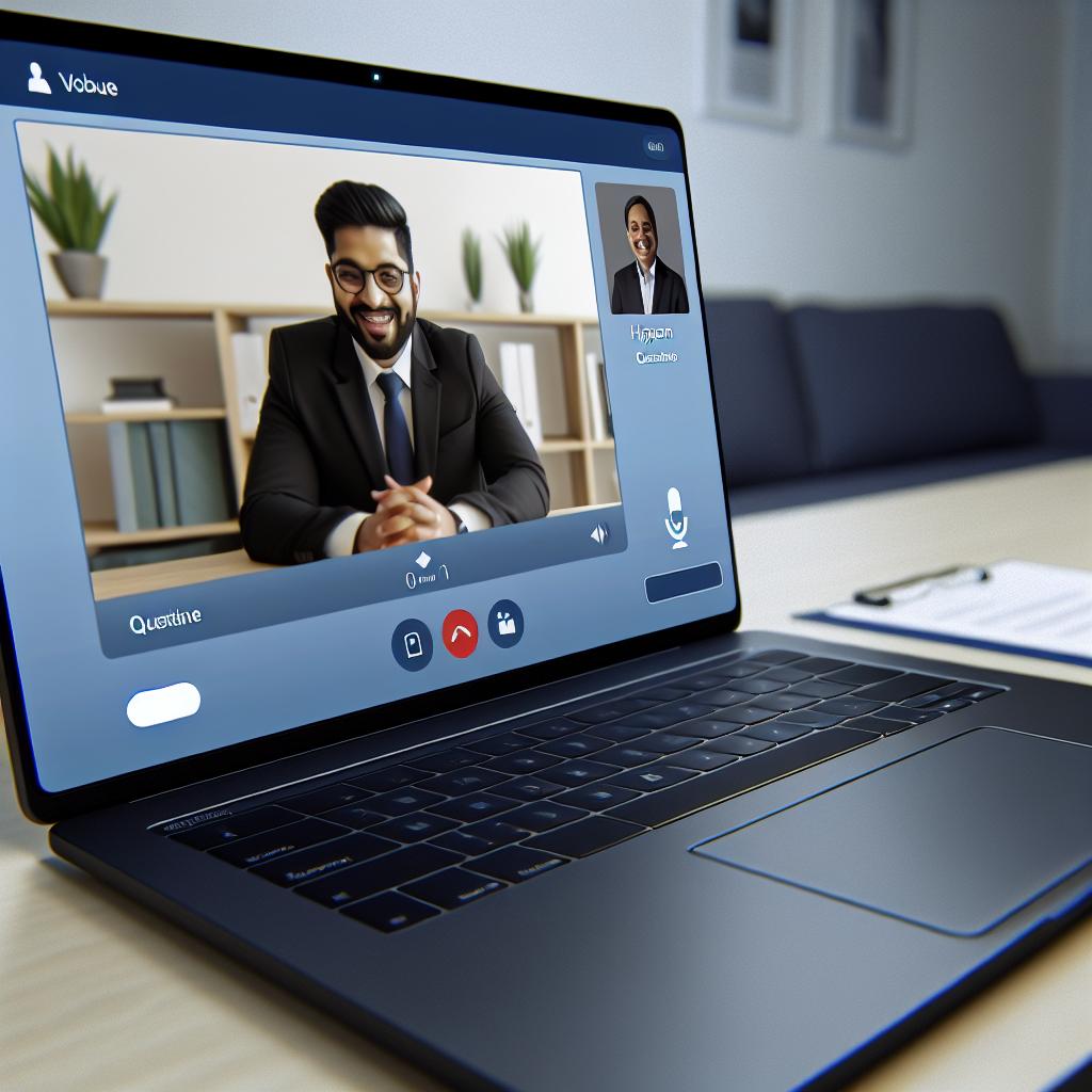 A laptop with a video interview platform open, showing a professional interviewing a candidate remotely. The screen displays a sleek interface with the candidate's video feed and interview questions.