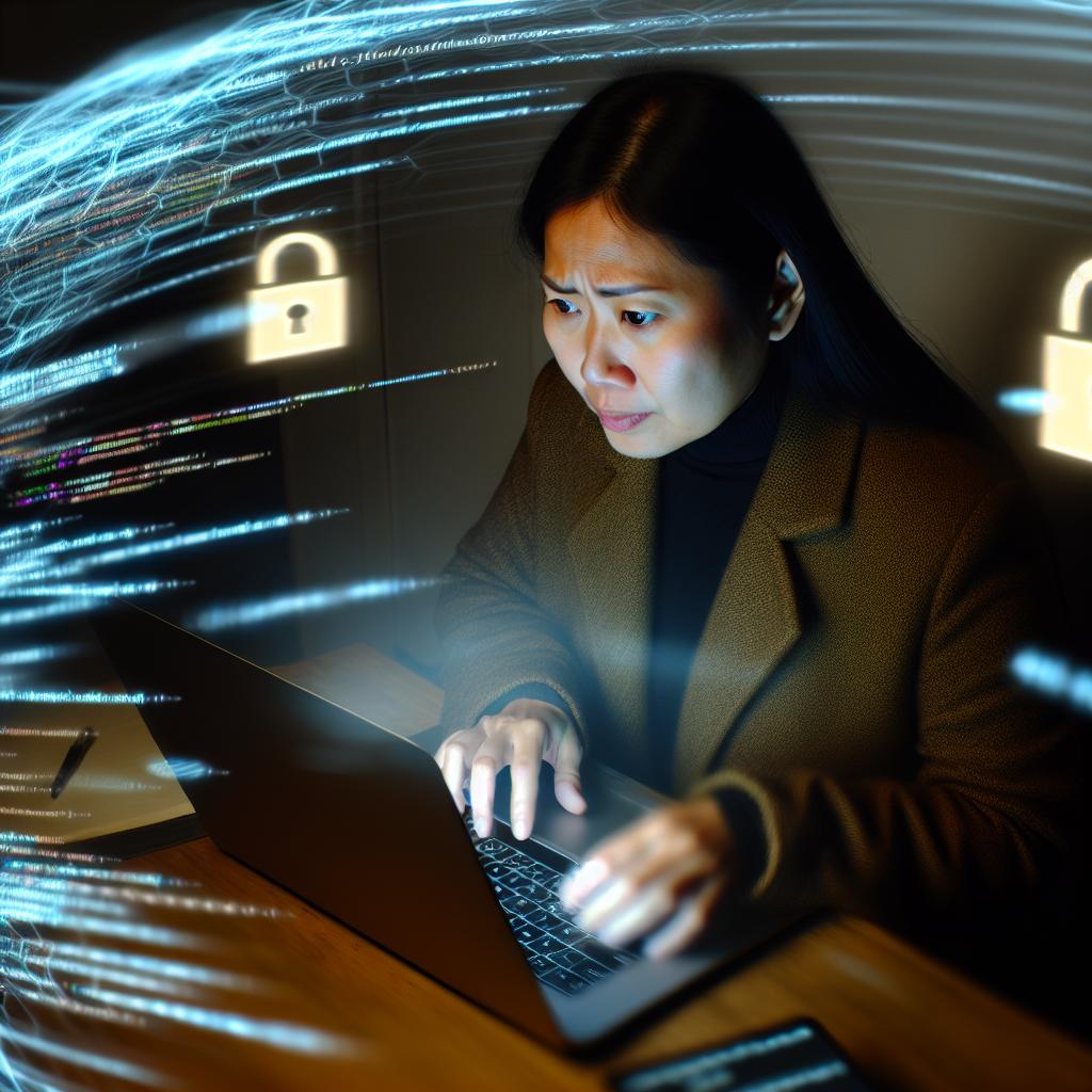 A person in a dark room, typing on a laptop with lines of code scrolling rapidly on the screen, surrounded by glowing digital locks and security barriers.