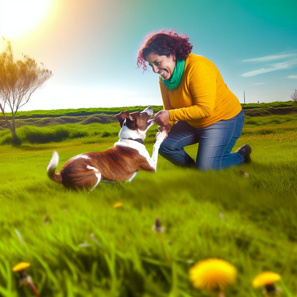 A person smiling while teaching their dog to rollover in a grassy field on a sunny day.