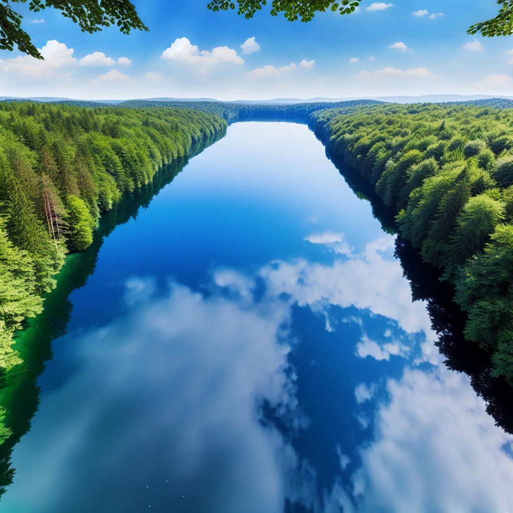 A serene lake surrounded by lush green forests, with clear blue skies overhead.